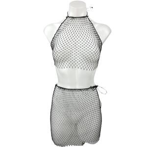 Coachella Rave Music Festival Black Mesh Net Halter Cover Up 2 Piece Set Size S